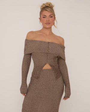 Long Sleeve Bardot Button Down Split Hem Top In Two Tone Brown Rib Knit, Women's Size UK Small S