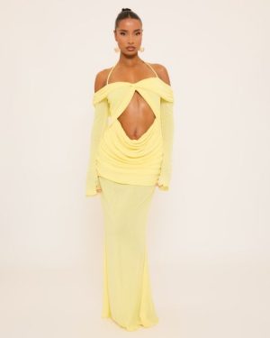 Long Sleeve Bardot Halterneck Detail Draped Maxi Dress In Yellow, Women's Size UK 4