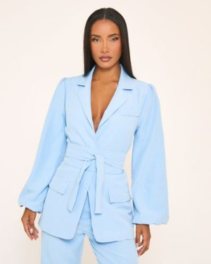 Long Sleeve Belted Blazer In Blue, Women's Size UK Medium M