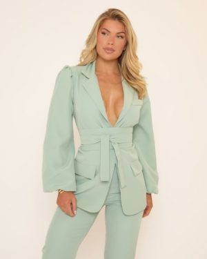 Long Sleeve Belted Blazer In Green, Women's Size UK Medium M
