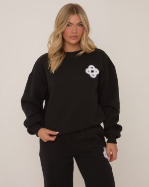 Long Sleeve Crew Neck Fluffy Swirl Detail Sweatshirt In Black, Women's Size UK 6