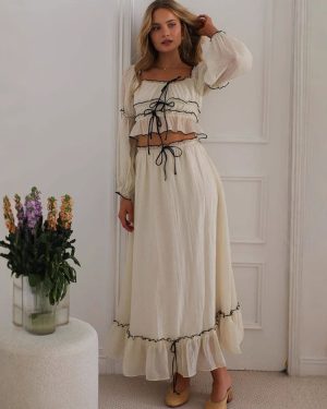 Long Sleeve Crop Top And Long Skirt 2 Piece Co-ord Set For Women 2025