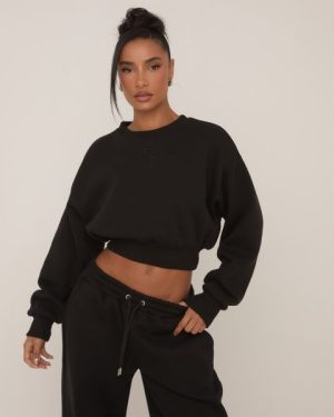 Long Sleeve Ego Embroidered Detail Cropped Sweatshirt In Black, Women's Size UK 14