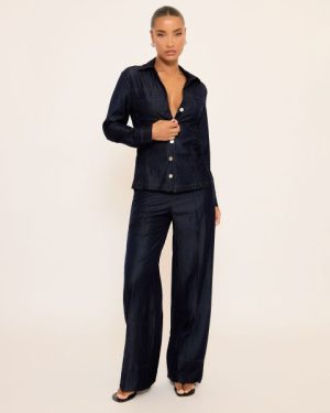 Long Sleeve Fitted Shirt And Tailored Wide Leg Jean Co-Ord Set In Indigo Blue Denim, Women's Size UK Medium/Large M/L