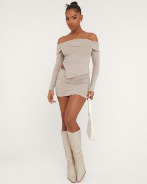 Long Sleeve Fold Over Bardot Asymmetric Hem Top In Stone Soft Ribbed, Women's Size UK 10