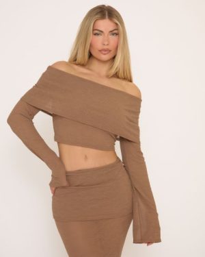 Long Sleeve Foldover Bardot Crop Top In Brown Ribbed, Women's Size UK 8
