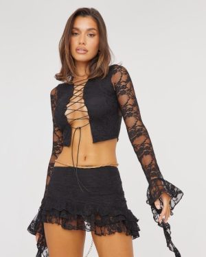 Long Sleeve Frill Detail Lace Up Front Crop Top In Black Lace, Women's Size UK 4
