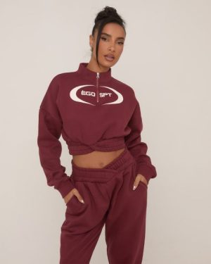Long Sleeve Half Zip 'Ego Sport' Graphic Print Cropped Sweatshirt In Burgundy, Women's Size UK 6