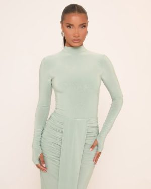 Long Sleeve High Neck Bodysuit In Pale Green Slinky, Women's Size UK 6
