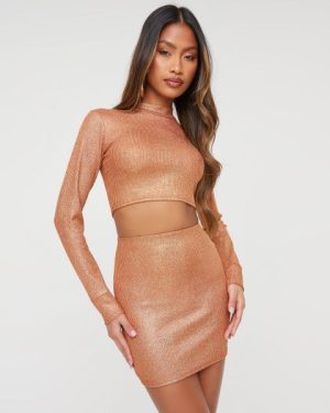 Long Sleeve High Neck Crop Top In Bronze Metallic Knit, Women's Size UK 6