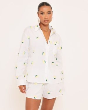 Long Sleeve Lemon Embroidered Overszied Shirt In White, Women's Size UK 6