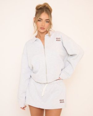 Long Sleeve 'Min Min' Detail Zip Up Front Collared Sweatshirt In Grey, Women's Size UK 4