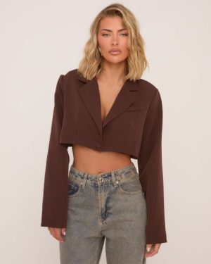 Long Sleeve Oversized Cropped Blazer In Chocolate Brown, Women's Size UK 6