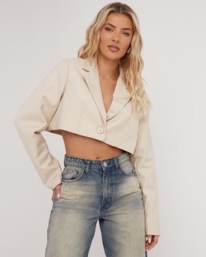 Long Sleeve Oversized Cropped Blazer In Stone, Women's Size UK 8
