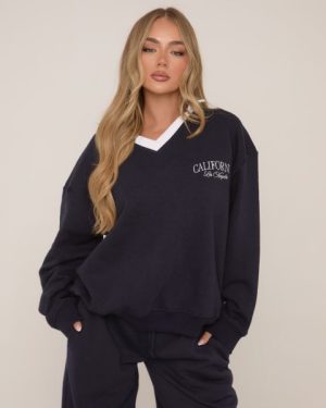 Long Sleeve Oversized V Neck 'California' Graphic Sweatshirt In Navy, Women's Size UK 6