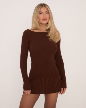 Long Sleeve Pleated Mini Dress In Chocolate Brown Knit, Women's Size UK Medium M