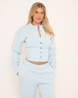 Long Sleeve Popper Detail Cinched Waist Sweatshirt In Blue, Women's Size UK 6