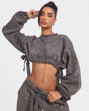 Long Sleeve Ruched Tied Hem Cropped Sweatshirt In Chocolate Acid Wash, Women's Size UK 6