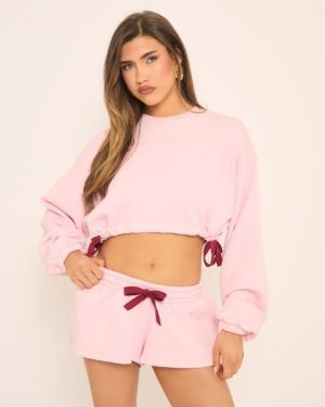 Long Sleeve Ruched Tied Hem Cropped Sweatshirt In Pink, Women's Size UK 6