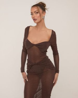 Long Sleeve Sweetheart Neckline Twist Bust Bodysuit In Brown Glitter Mesh, Women's Size UK 6