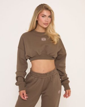 Long Sleeve Swirl Graphic Cropped Sweatshirt In Brown, Women's Size UK 8