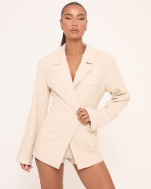 Long Sleeve Tailored Blazer Playsuit In Stone Linen, Women's Size UK 6