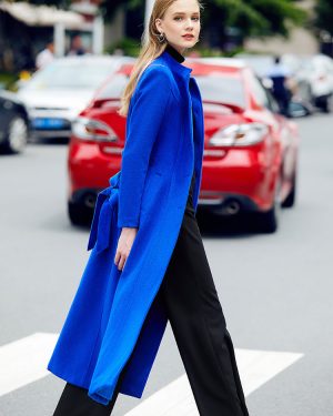 Long Wool Blend Coat For Women Royal Blue Mandarin Stand Collar Single-breasted Belted Winter Outerwear 2025