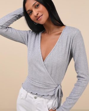 Lovable Favorite Grey Pointelle Knit Long Sleeve Wrap Top