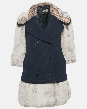 Love Moschino Navy Blue Wool Faux Fur Detail Double Breasted Coat S
