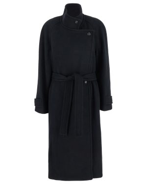 Low Classic Black Double-breasted Coat With Removable Belt And Wraparound Design In Wool Blend Woman