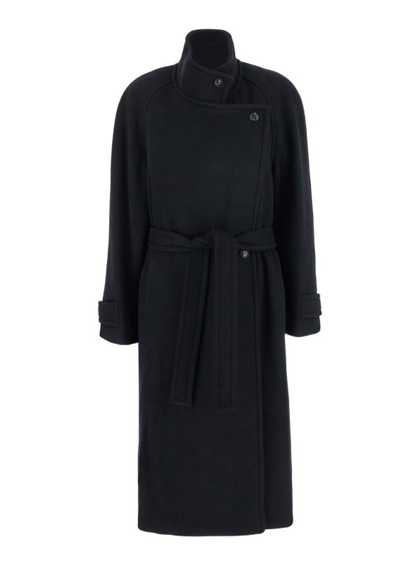 Low Classic Black Double-breasted Coat With Removable Belt And Wraparound Design In Wool Blend Woman