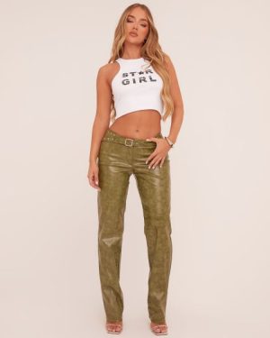 Low Rise Belt Detail Straight Leg Trousers In Green Faux Leather, Women's Size UK 8