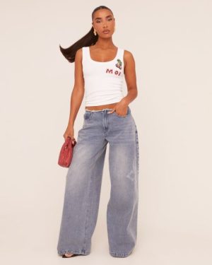 Low Rise Frayed Edge Side Slogan Wide Leg Jeans In Blue Denim, Women's Size UK 6