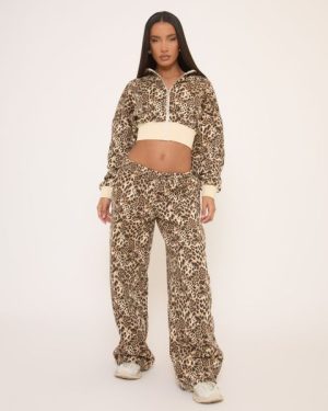 Low Rise Wide Leg Joggers In Brown Leopard Print, Women's Size UK 6