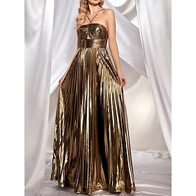 Lurex Pleat Gold Maxi Dress A-Line Quinceanera Dresses Halter Neck Elegant Dress Wedding Guest Floor Length Lace Up 2025