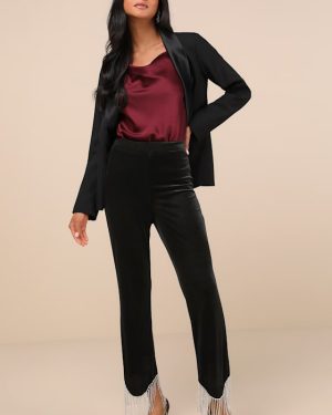 Lustrous Aura Black Velvet Rhinestone Fringe Cropped Pants