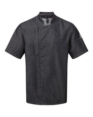 (M, Black Denim) Premier Unisex Adults Chefs Zip-Close Short Sleeve Jacket