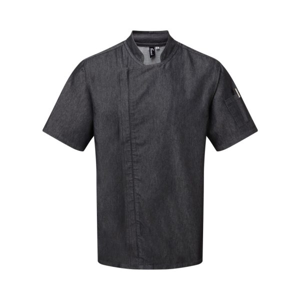 (M, Black Denim) Premier Unisex Adults Chefs Zip-Close Short Sleeve Jacket