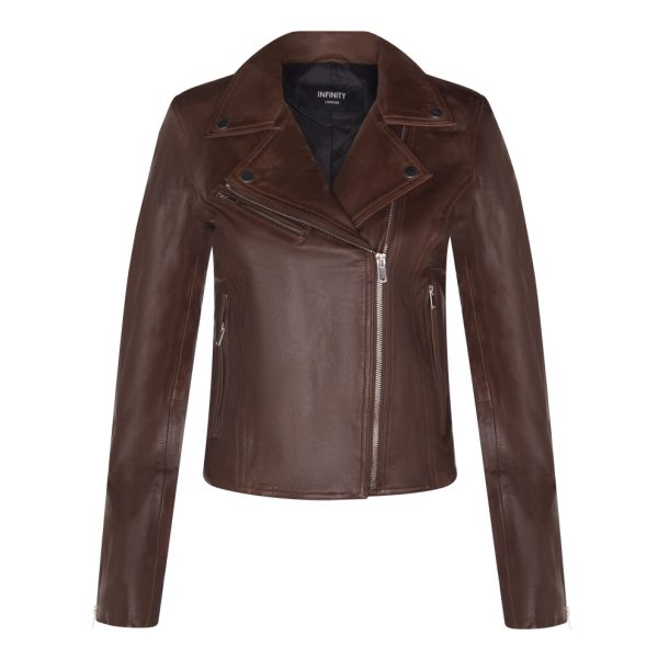 (M) Ladies Leather Biker Brown Leather Womens Jacket