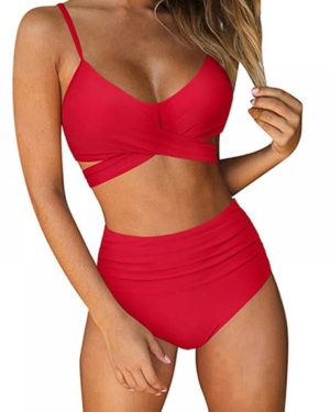 (M, Red) Swimsuits for Women Two Piece Bathing Suits Bra Top with High Waisted Bottom Wrap Bikini Set, Red M Size