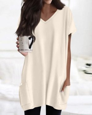 (M, beige) Womens Tops V-neck Short Sleeve Blouses Casual Mid-length Shirts Fashion Print Tunic Tops With Pockets
