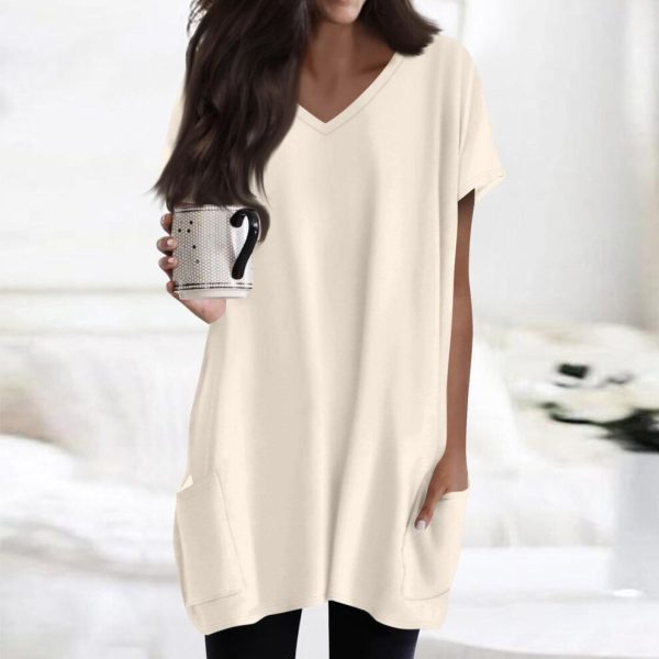 (M, beige) Womens Tops V-neck Short Sleeve Blouses Casual Mid-length Shirts Fashion Print Tunic Tops With Pockets