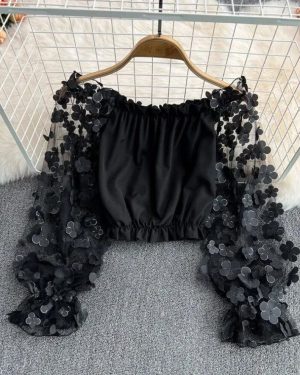 (M, black) One-shoulder Chiffon Shirt See-through Mesh Stitching Loose Waist Cropped Off-the-shoulder Top Women Tops
