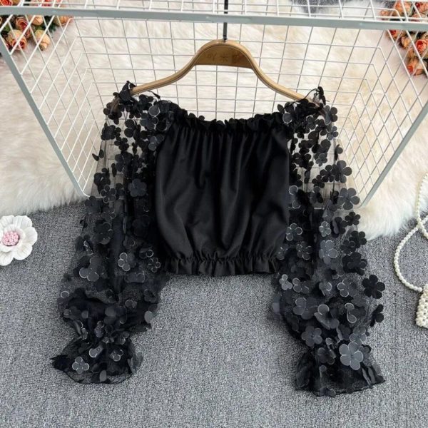 (M, black) One-shoulder Chiffon Shirt See-through Mesh Stitching Loose Waist Cropped Off-the-shoulder Top Women Tops