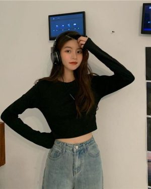 (M, black) Women's 2023 Autumn Korean Style White Long-sleeve Crop Top