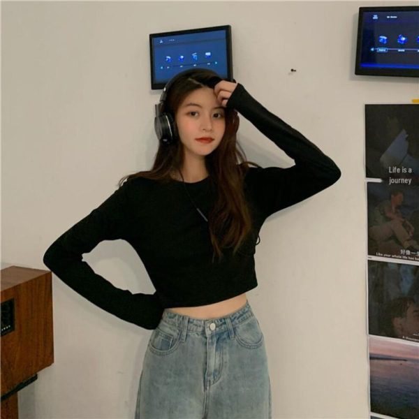 (M, black) Women's 2023 Autumn Korean Style White Long-sleeve Crop Top