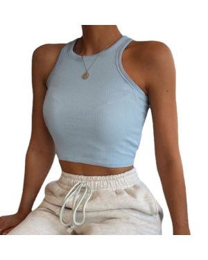 (M, blue) Women Vest Sleeveless Tops Rib-knit Crew Neck Crop