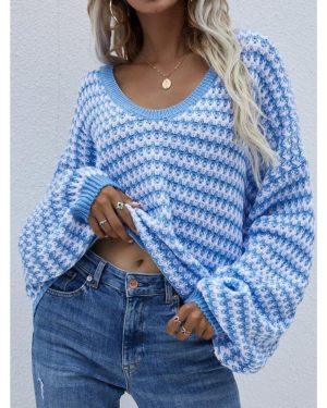 (M, blue) Women's Stripe Knit Pullover Sweaters Long Sleeve Casual Loose Oversized Tops