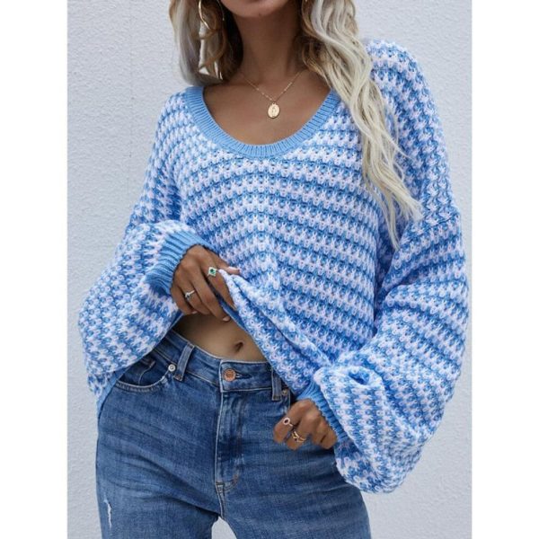 (M, blue) Women's Stripe Knit Pullover Sweaters Long Sleeve Casual Loose Oversized Tops