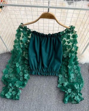 (M, green) One-shoulder Chiffon Shirt See-through Mesh Stitching Loose Waist Cropped Off-the-shoulder Top Women Tops